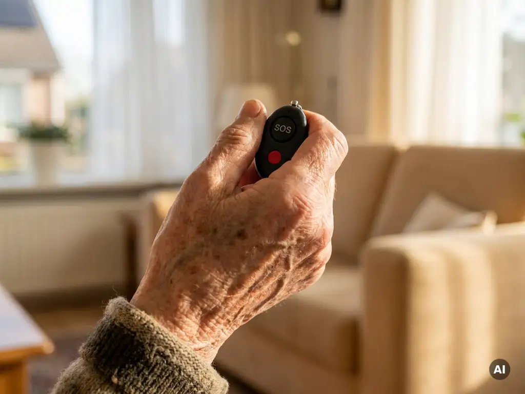 Oudere hand met leeftijdsvlekken en rimpels houdt een zwart SOS-persoonlijk alarm pendant vast in warm verlicht Nederlands interieur.