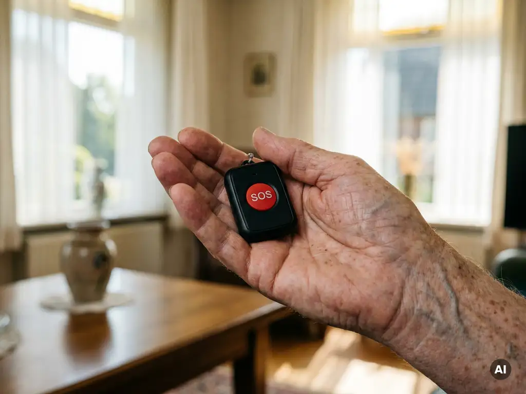 Oudere hand met leeftijdsvlekken en aderen die een zwart SOS-alarm pendant vasthoudt, lichte Nederlandse woonkamer op de achtergrond.