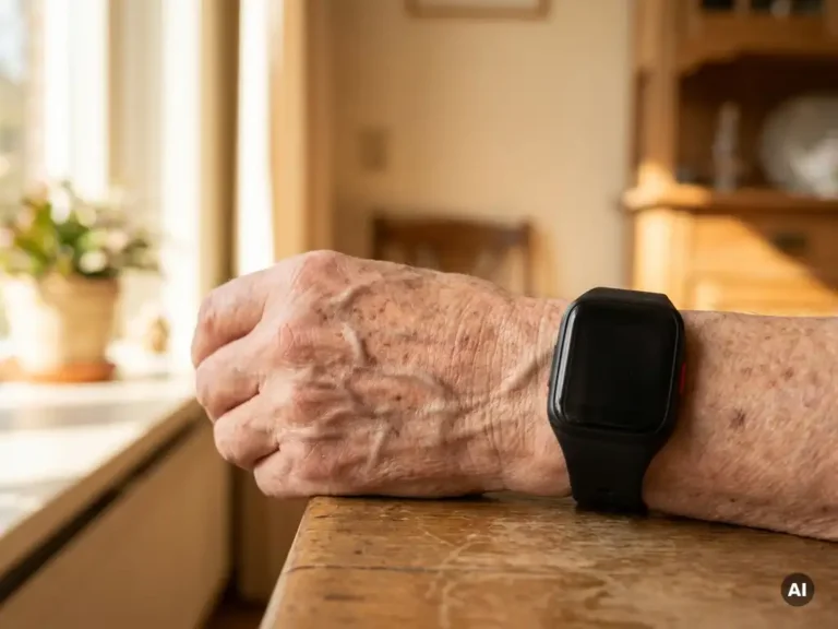 Oudere hand met zichtbare aderen en rimpels met een zwart SOS-alarm smartwatch, gefotografeerd in warm Nederlands interieur.