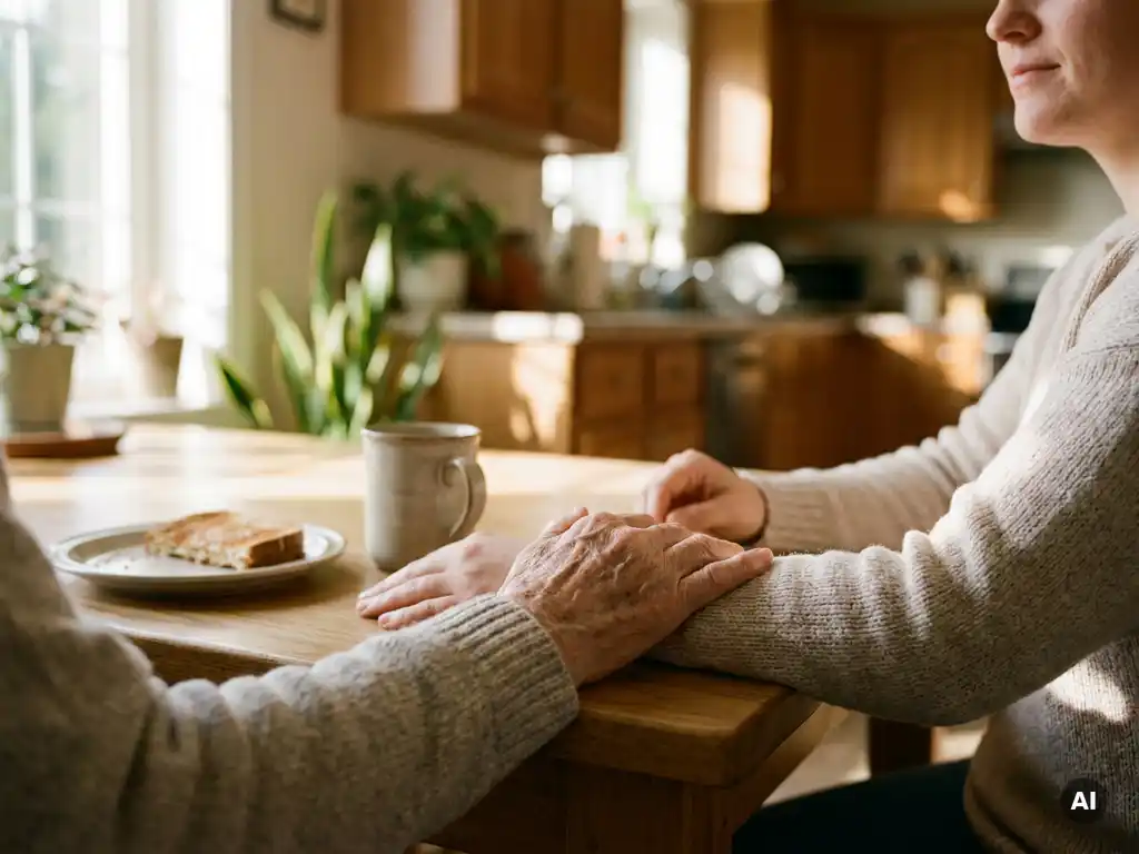 Oudere hand met leeftijdsvlekken rust zacht op de onderarm van een jongere volwassene aan een zonnige keukentafel, sfeer van vertrouwen.