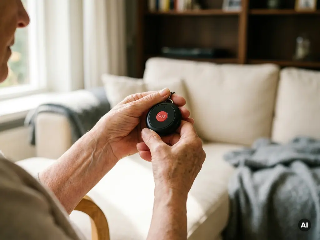 Bejaarde vrouwenhanden houden een zwart persoonlijk alarmpendant met zichtbare SOS-knop vast, gezellig Nederlands interieur op de achtergrond.