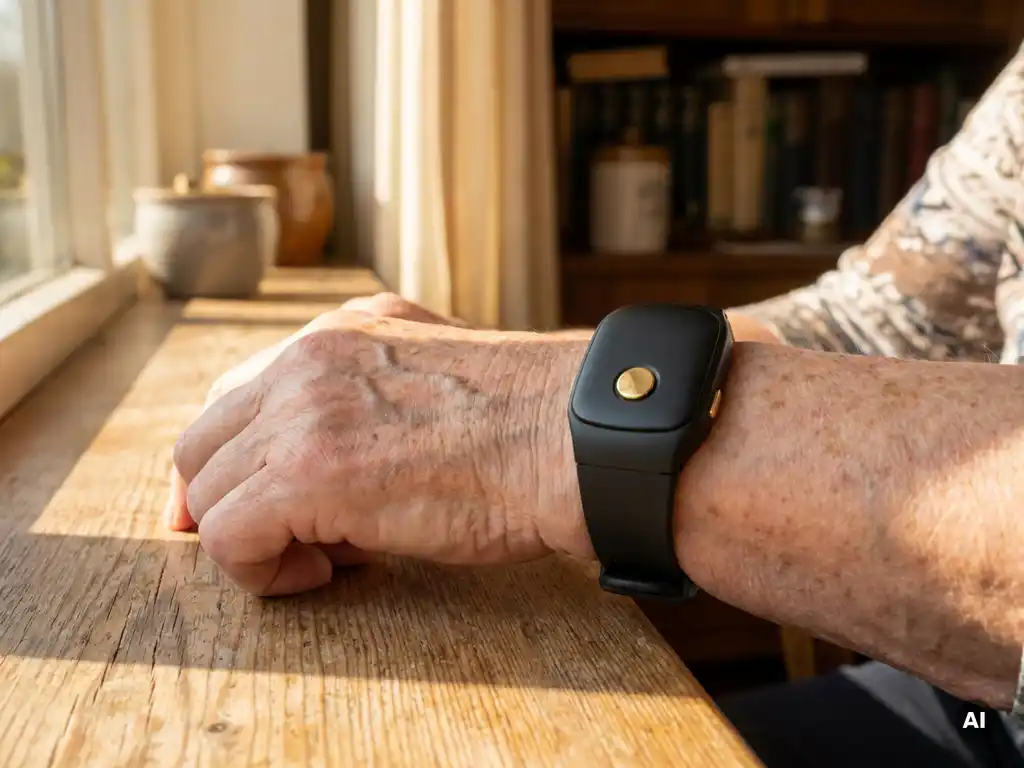 Persoonlijk alarmhorloge in zwart om de pols van een oudere vrouw, hand rustend op een zonnig vensterbank in een gezellig Nederlands interieur.