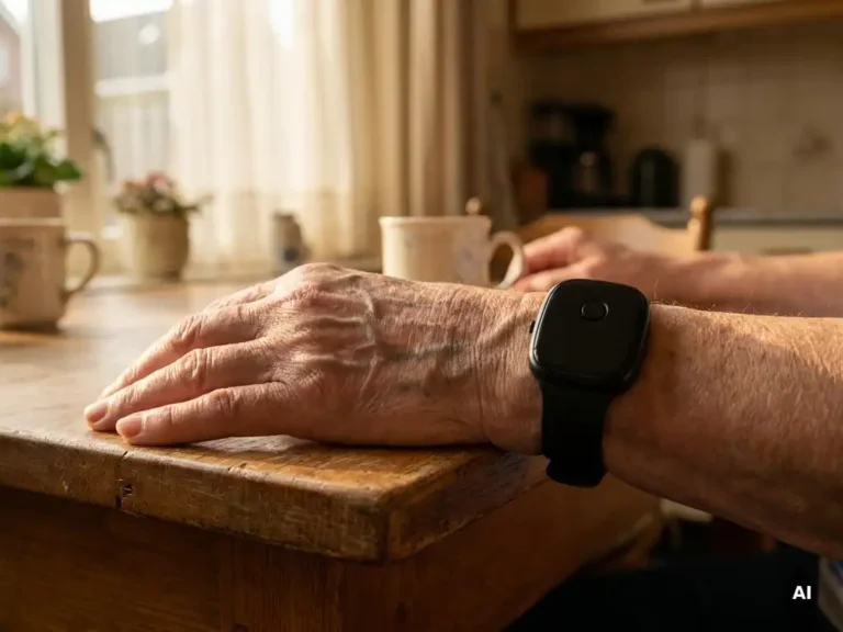 Oudere hand met persoonlijk alarmeringshorloge op pols, rustend op zonnige keukentafel in gezellig Nederlands interieur.