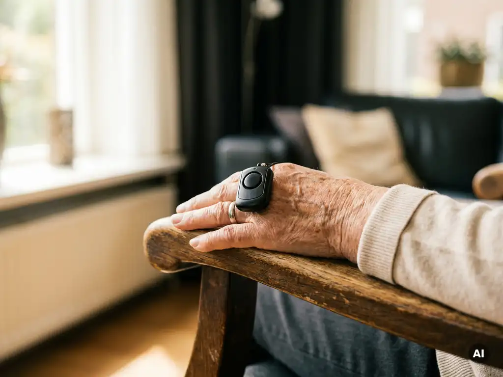 Verweerde hand van een oudere persoon op houten armleuning, met een zwart persoonlijk alarmpendant, in warm natuurlijk daglicht.