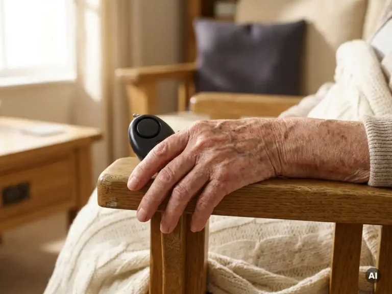 Verweerde hand van een oudere persoon met een zwart persoonlijk alarmpendant op een houten fauteuil in warm middaglicht.