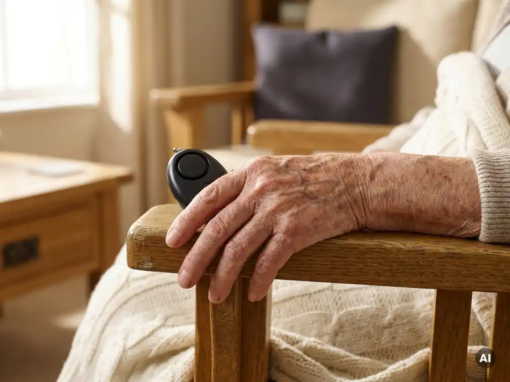 Verweerde hand van een oudere persoon met een zwart persoonlijk alarmpendant op een houten fauteuil in warm middaglicht.