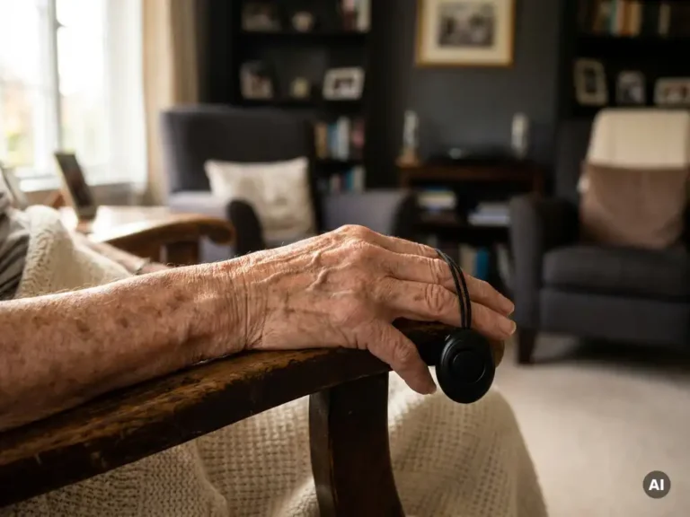 Bejaarde hand met rimpels en ouderdomsvlekken houdt een zwart persoonlijk alarmpendant vast op een houten fauteuil, zacht natuurlijk daglicht.