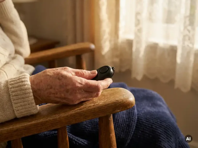 Bejaarde hand met zichtbare aderen op houten armleuning, persoonlijk alarmpendant tussen vingers, warm middaglicht door kanten gordijn.