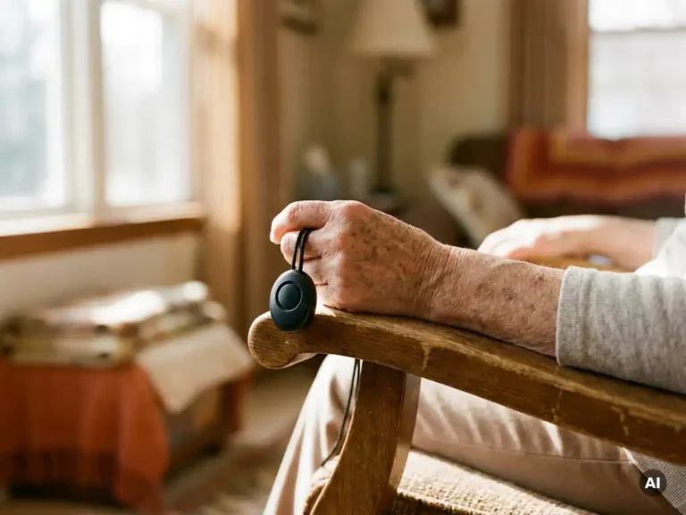 Bejaarde hand met zichtbare aderen en ouderdomsvlekken op houten fauteuil, zwart persoonlijk alarmpendant tussen de vingers.