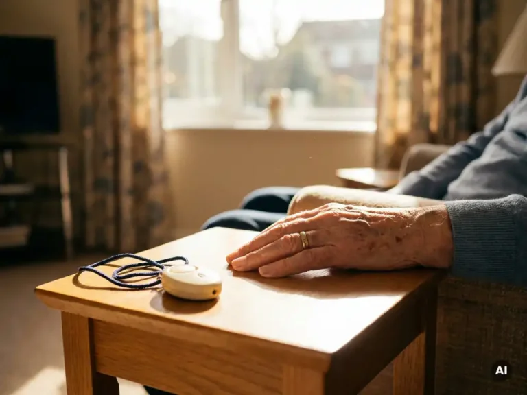 Verouderde hand van een oudere persoon naast een persoonlijk alarmpendant op een houten bijzettafel in warm middaglicht.