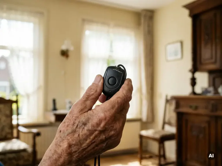 Oudere hand met zichtbare aderen en ouderdomsvlekken houdt een zwart persoonlijk alarmpendant vast in een lichte Nederlandse woning.