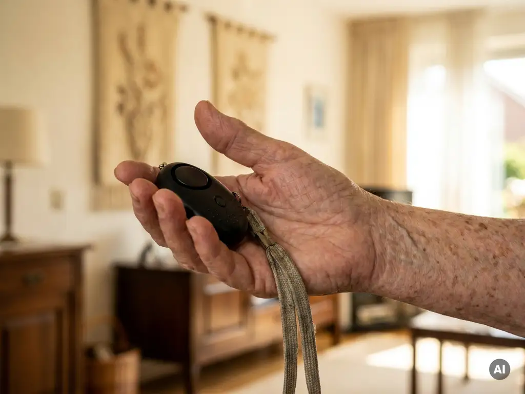 Oudere hand met leeftijdsvlekken en aderen houdt een zwart persoonlijk alarmpendant vast in een Nederlandse woonkamer.