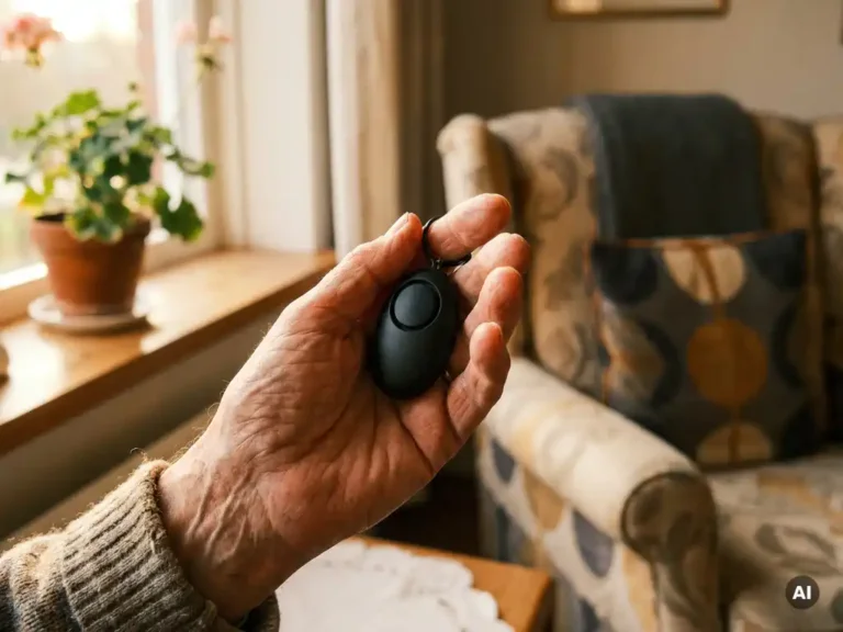 Oudere hand met zichtbare aderen houdt een zwart persoonlijk alarmpendant vast bij een zonnig raam in een Nederlandse woonkamer.