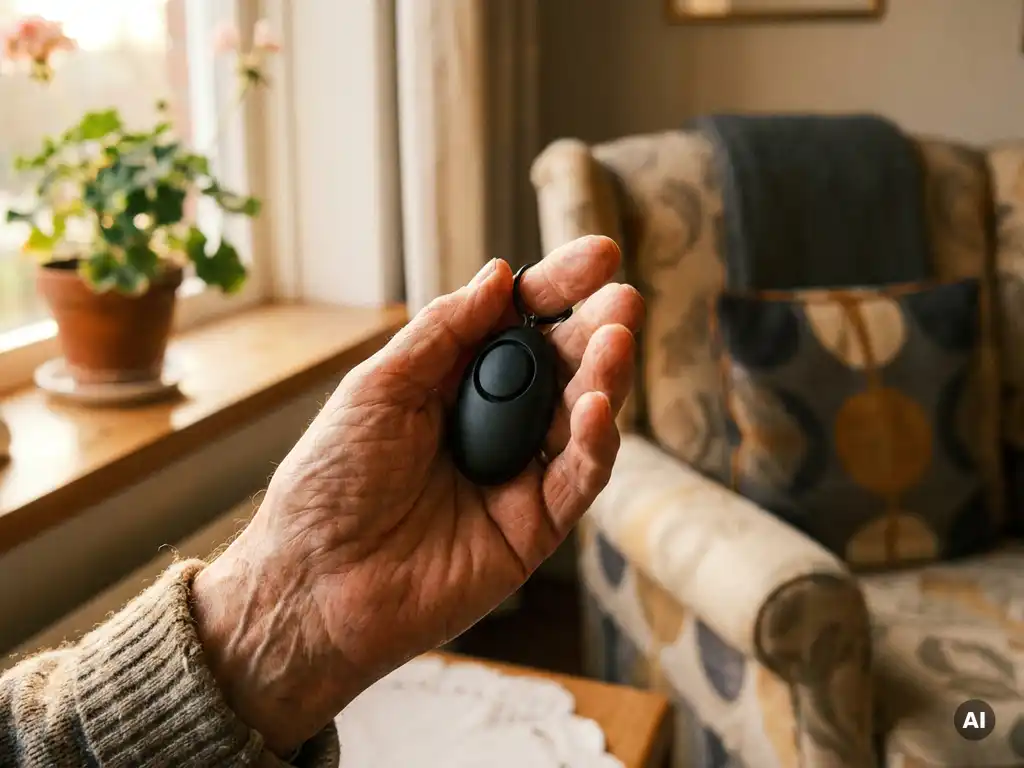 Oudere hand met zichtbare aderen houdt een zwart persoonlijk alarmpendant vast bij een zonnig raam in een Nederlandse woonkamer.