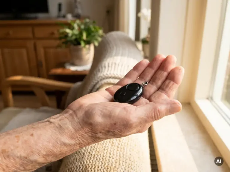 Oudere hand met zichtbare aderen houdt een zwart persoonlijk alarmpendant vast bij een zonnig raam in een Nederlandse woning.