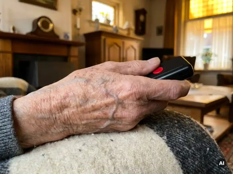 Oudere hand met zichtbare aderen en leeftijdsvlekken houdt een klein zwart persoonlijk alarmsysteem vast in een warme Nederlandse woonkamer.