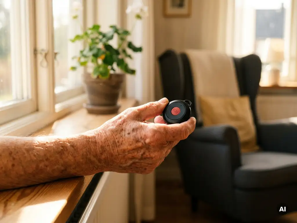 Oudere hand met rimpels en ouderdomsvlekken op vensterbank, houdt zwart persoonlijk alarmsysteem met SOS-knop vast in warm Nederlands interieur.