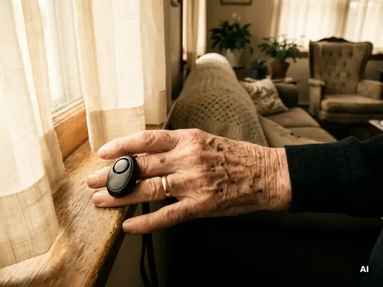 Bejaarde hand met rimpels en leeftijdsvlekken op een zonnig vensterbank, zwart persoonlijk alarmpendant zichtbaar tussen de vingers.
