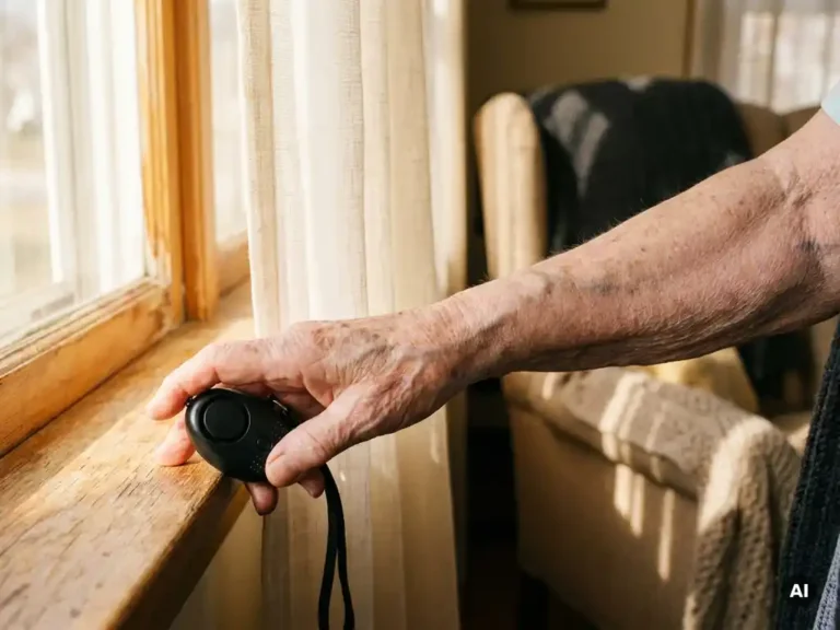 Bejaarde hand op verlichte vensterbank met een zwart persoonlijk alarmpendant, warme natuurlijke belichting en wazige woonkamer op de achtergrond.
