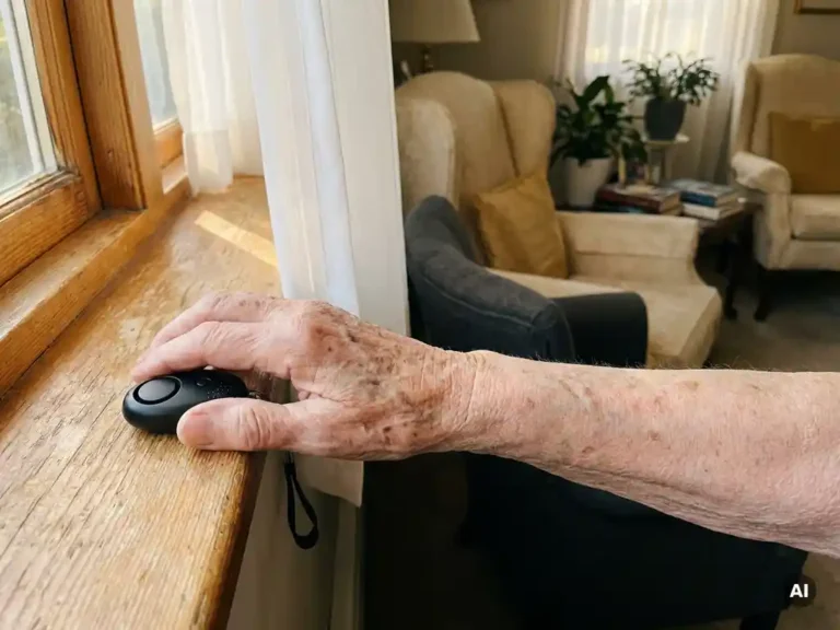 Bejaarde hand met rimpels en ouderdomsvlekken houdt een zwart persoonlijk alarmeringsapparaat vast op een zonnig vensterbank.