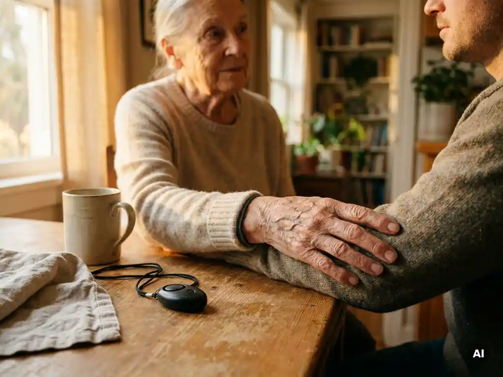 Bejaarde hand met zichtbare aderen op de onderarm van een jongere volwassene aan keukentafel, persoonlijk alarmpendant nabij, warm ochtendlicht.