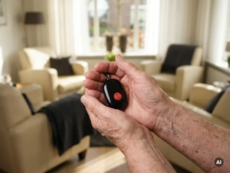 Bejaarde handen houden een zwart persoonlijk alarmpendant vast met zichtbare SOS-knop, zachte daglichtatmosfeer op de achtergrond.