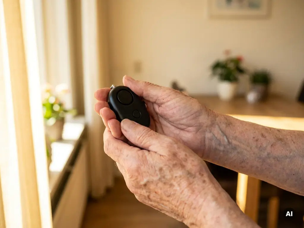 Bejaarde handen houden een zwart persoonlijk alarmpendant vast bij een zonnig raam in een Nederlandse woning.