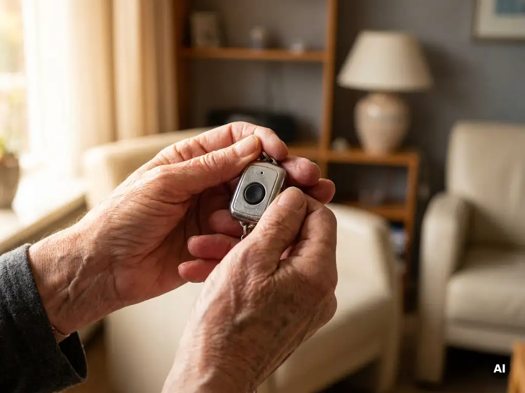 Oudere handen houden voorzichtig een persoonlijk alarmpendant vast in warm natuurlijk licht, met een gezellige Nederlandse woonkamer op de achtergrond.
