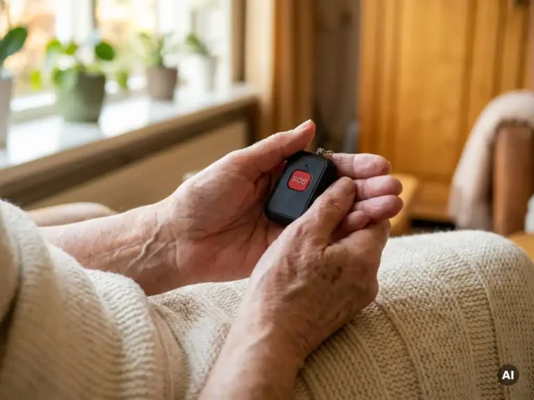 Oudere handen houden een zwart persoonlijk alarmpendant met zichtbare SOS-knop vast, warm zonlicht op de achtergrond.
