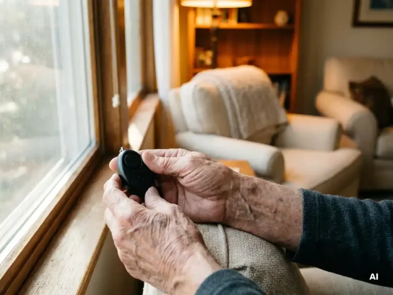 Oudere handen met zichtbare rimpels houden een zwart persoonlijk alarmpendant vast bij een zonnig raam in een gezellige Nederlandse woonkamer.