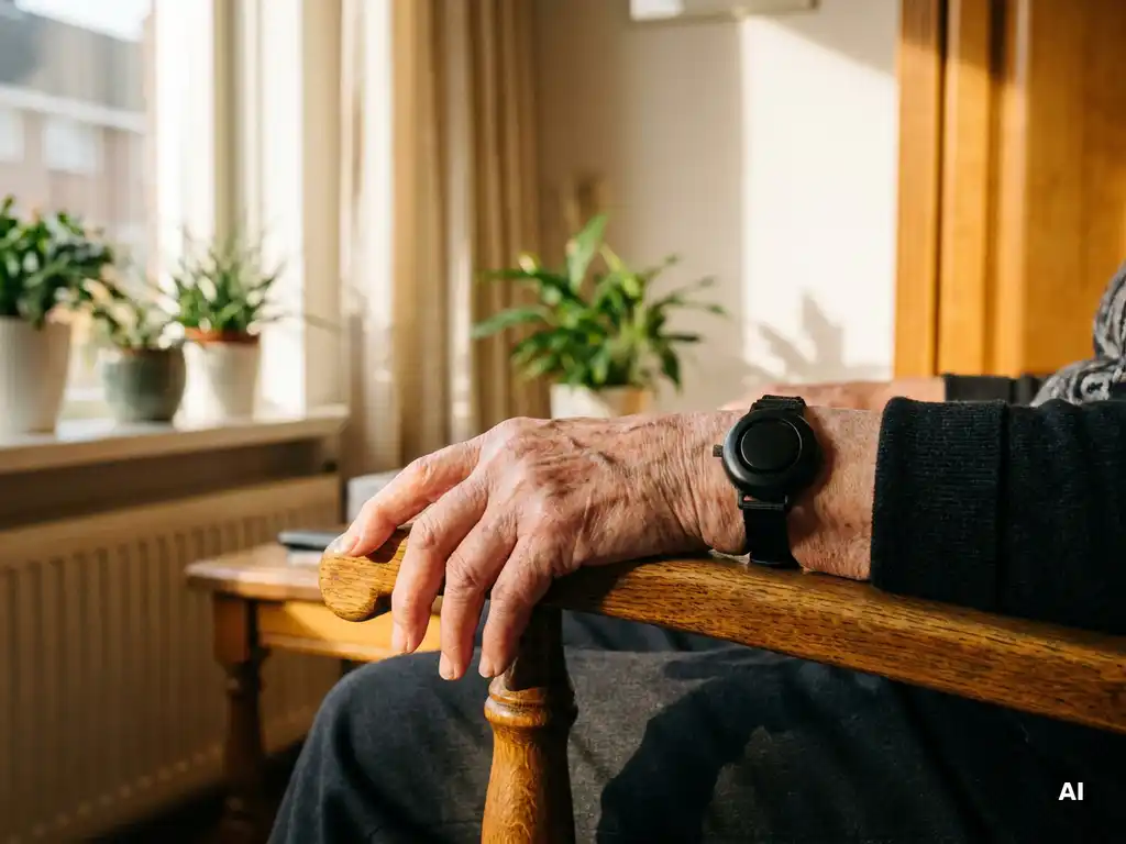 Verweerde hand van oudere persoon op houten fauteuil met persoonlijk alarmpendant om de pols, warm middaglicht in Nederlandse woonkamer.