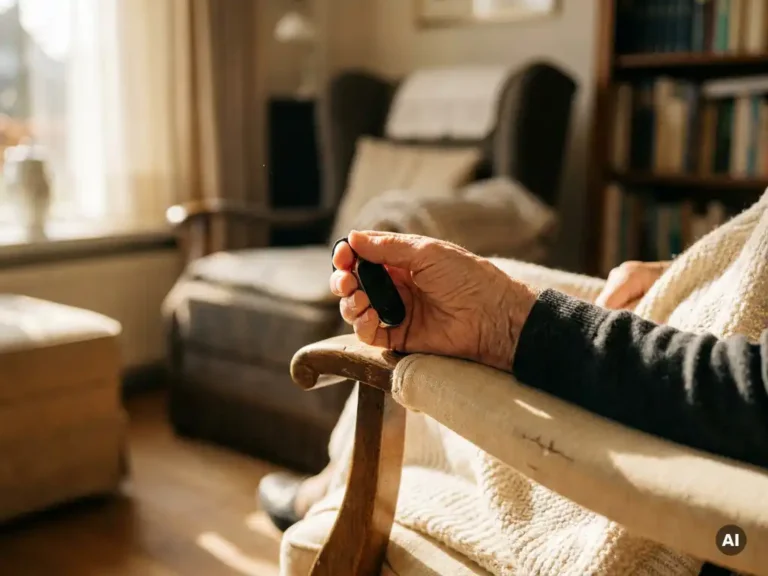 Bejaarde hand met zichtbare aderen houdt zwart persoonlijk alarmpendant vast op houten fauteuil, warm daglicht op de achtergrond.