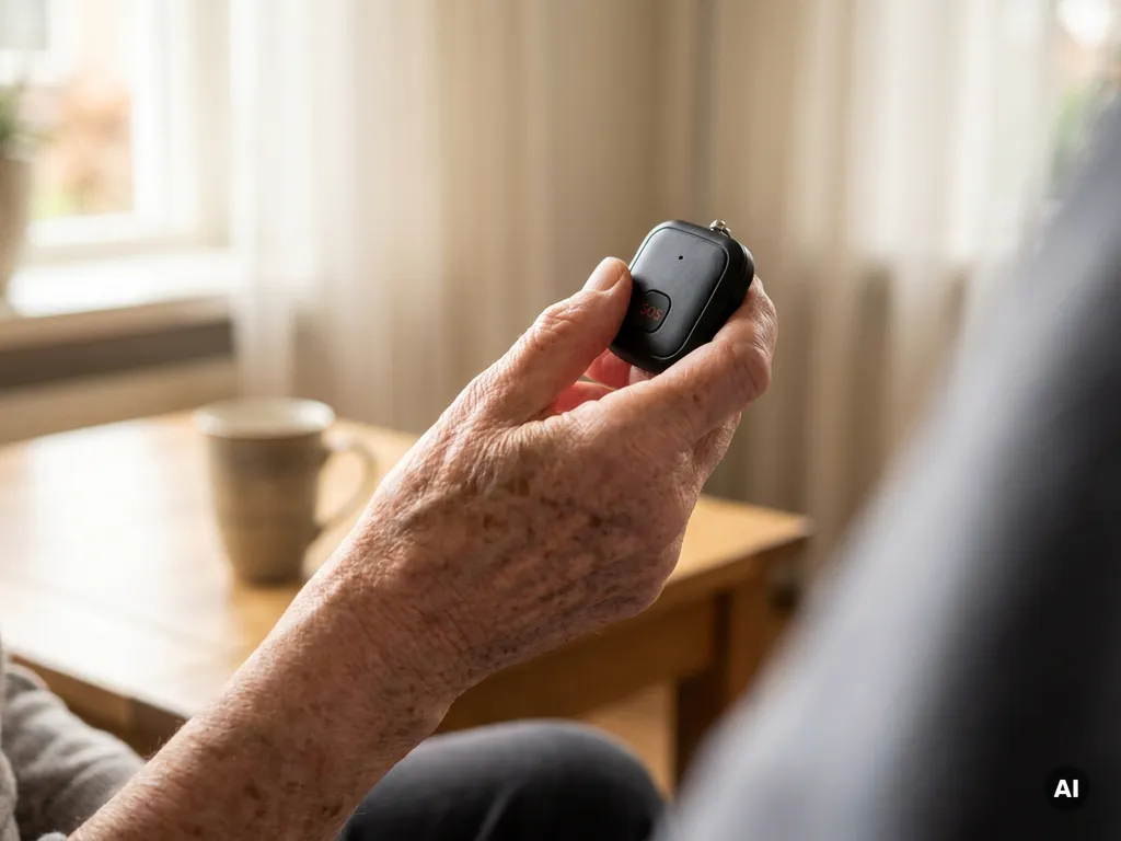 Oudere hand met leeftijdsvlekken houdt een zwart SOS-persoonlijk alarm vast in een lichte Nederlandse woonkamer.