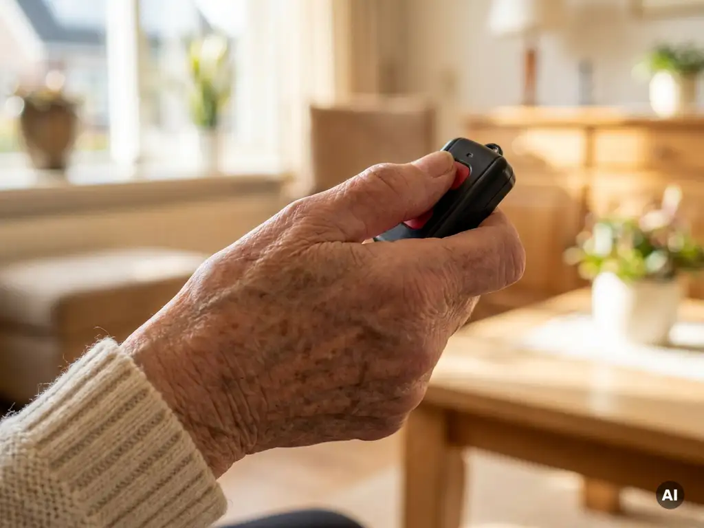 Oudere hand met zichtbare aderen en ouderdomsvlekken die een zwart SOS-persoonlijk alarm vasthoudt, lichte Nederlandse woonkamer op de achtergrond.