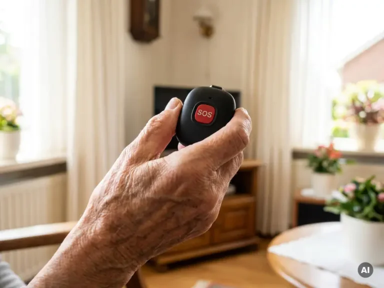 Bejaarde hand houdt een zwart persoonlijk alarmpendant vast met zichtbare SOS-knop, warm daglicht in Nederlandse woning.