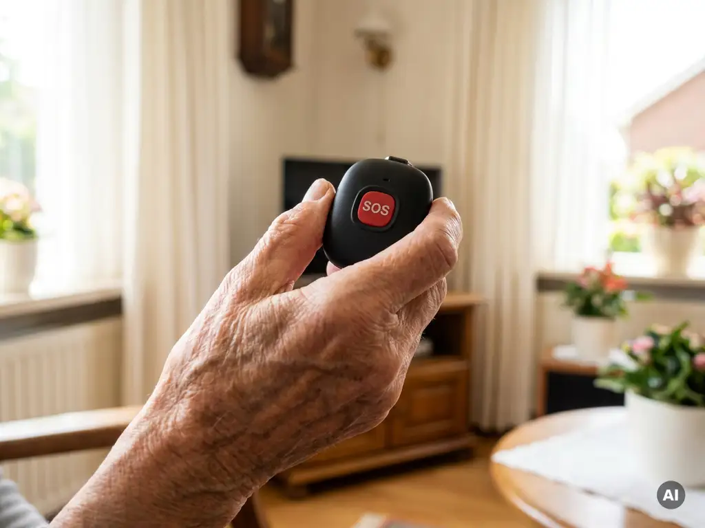 Bejaarde hand houdt een zwart persoonlijk alarmpendant vast met zichtbare SOS-knop, warm daglicht in Nederlandse woning.