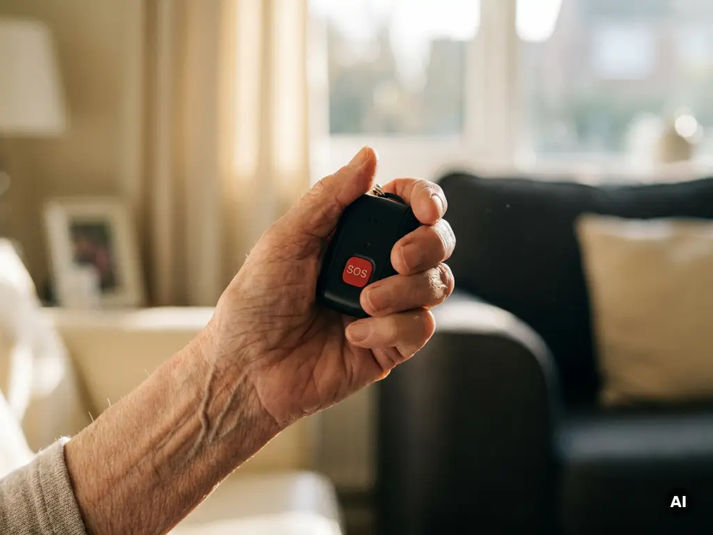 Oudere hand met rimpels houdt een zwart persoonlijk alarmpendant vast met zichtbare SOS-knop, warm daglicht op de achtergrond.