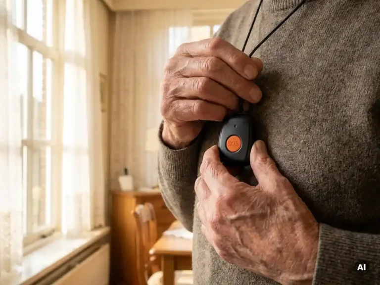 Oudere handen houden een zwart persoonlijk alarmpendant vast met zichtbare SOS-knop, zacht daglicht in Nederlandse woning op de achtergrond.