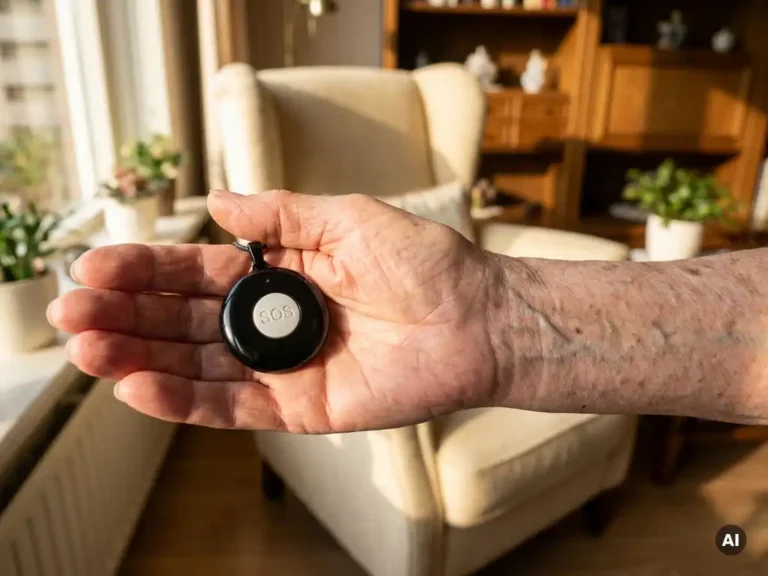 Bejaarde hand met zichtbare aderen houdt zwart SOS-alarm pendant vast in warm verlicht Nederlands interieur.