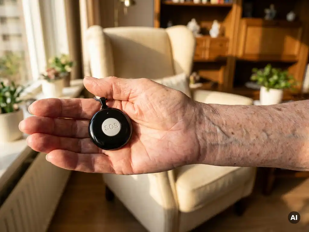 Bejaarde hand met zichtbare aderen houdt zwart SOS-alarm pendant vast in warm verlicht Nederlands interieur.