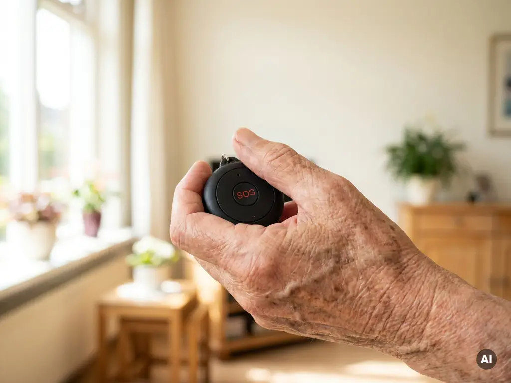 Bejaarde hand met zichtbare aderen houdt een zwart persoonlijk alarm met SOS-knop vast in een lichte Nederlandse woning.