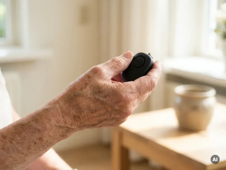 Bejaarde hand met zichtbare aderen houdt een zwart SOS-persoonlijk alarm vast in een lichte Nederlandse woonkamer.