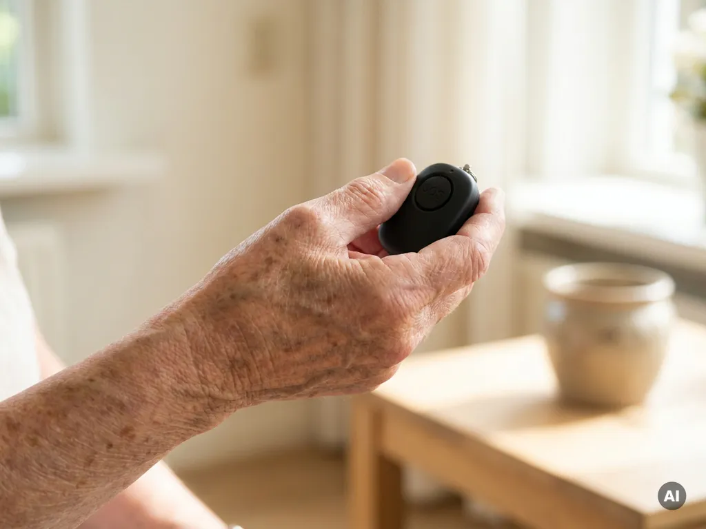 Bejaarde hand met zichtbare aderen houdt een zwart SOS-persoonlijk alarm vast in een lichte Nederlandse woonkamer.