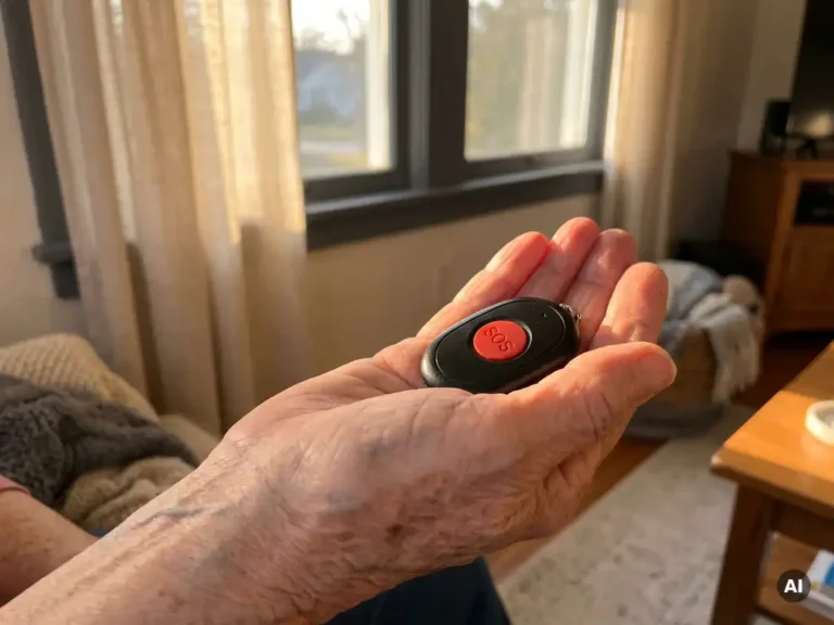 Bejaarde hand met zichtbare aders houdt zwart persoonlijk alarmpendant vast, SOS-knop zichtbaar, warm daglicht op de achtergrond.