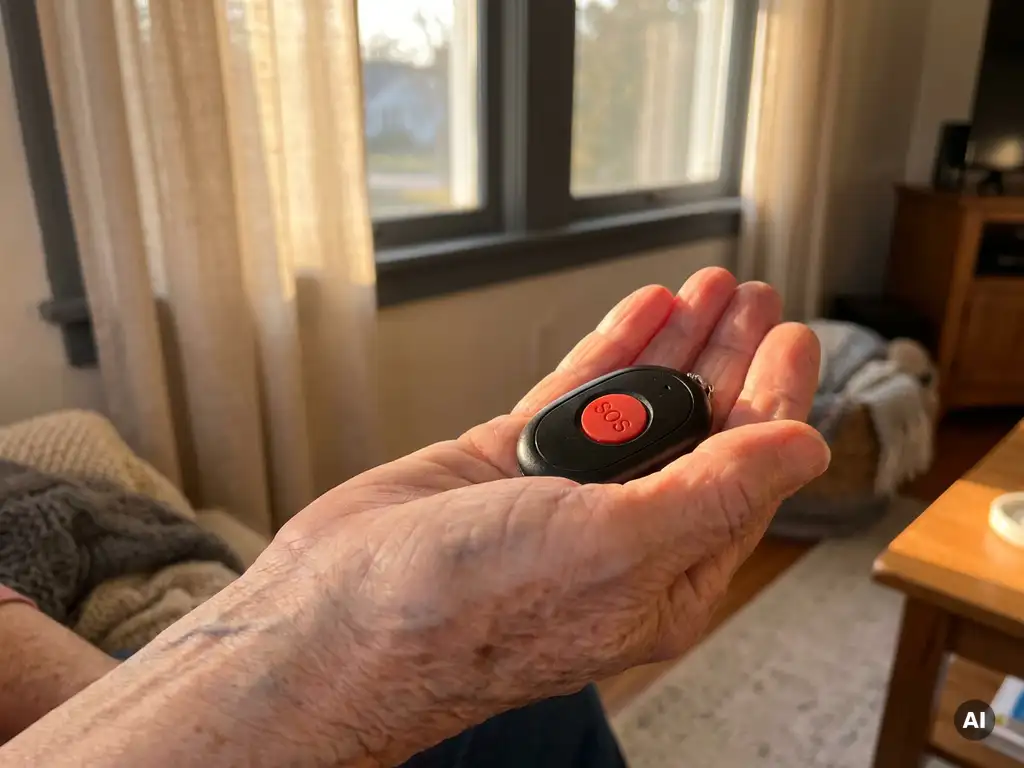 Bejaarde hand met zichtbare aders houdt zwart persoonlijk alarmpendant vast, SOS-knop zichtbaar, warm daglicht op de achtergrond.