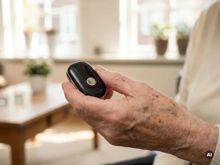 Oudere hand met zichtbare aderen houdt een zwart SOS persoonlijk alarm pendant vast in een lichte Nederlandse woonkamer.