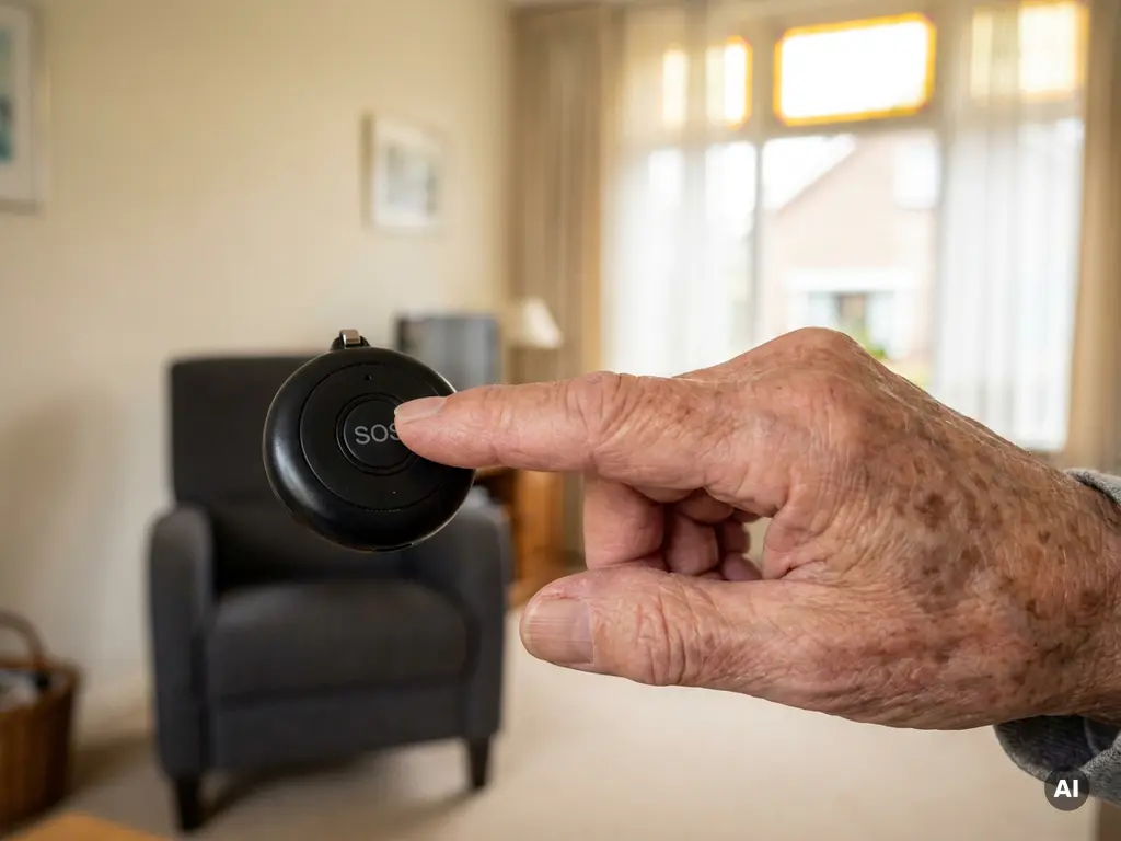 Oudere hand met zichtbare aderen drukt op SOS-knop van zwart persoonlijk alarmpendant in warm Nederlands interieur.