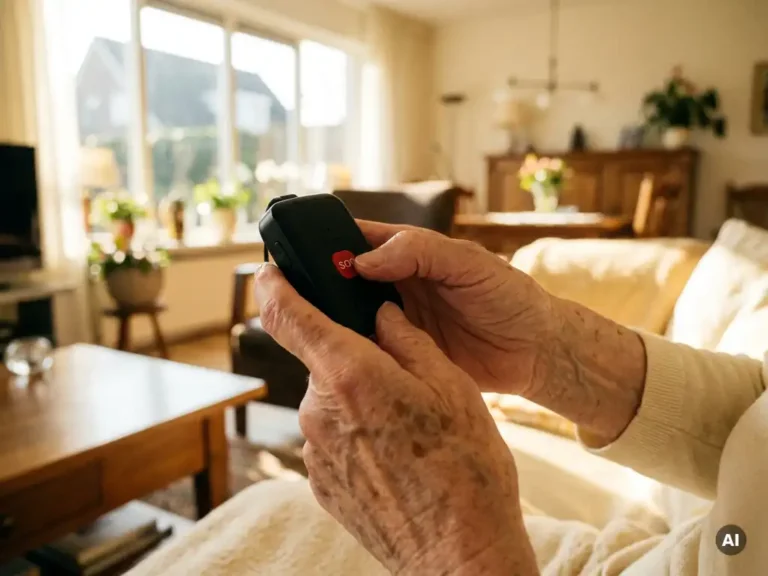 Bejaarde hand met leeftijdsvlekken die op een zwarte persoonlijk alarm hanger met SOS-knop drukt, warm daglicht op de achtergrond.