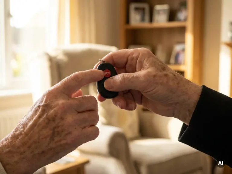 Bejaarde hand met rimpels en ouderdomsvlekken die op een zwart persoonlijk alarmpendant met SOS-knop drukt, warm daglicht.
