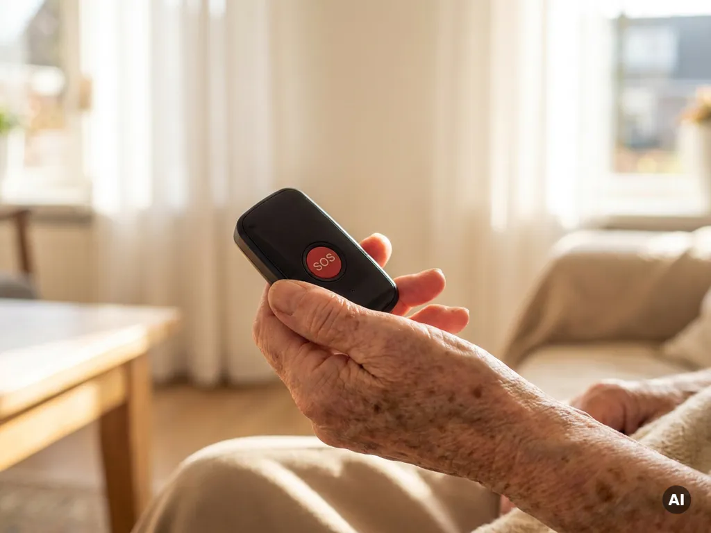Oudere hand met zichtbare rimpels en leeftijdsvlekken houdt een zwart persoonlijk alarmeringsapparaat vast met SOS-knop.